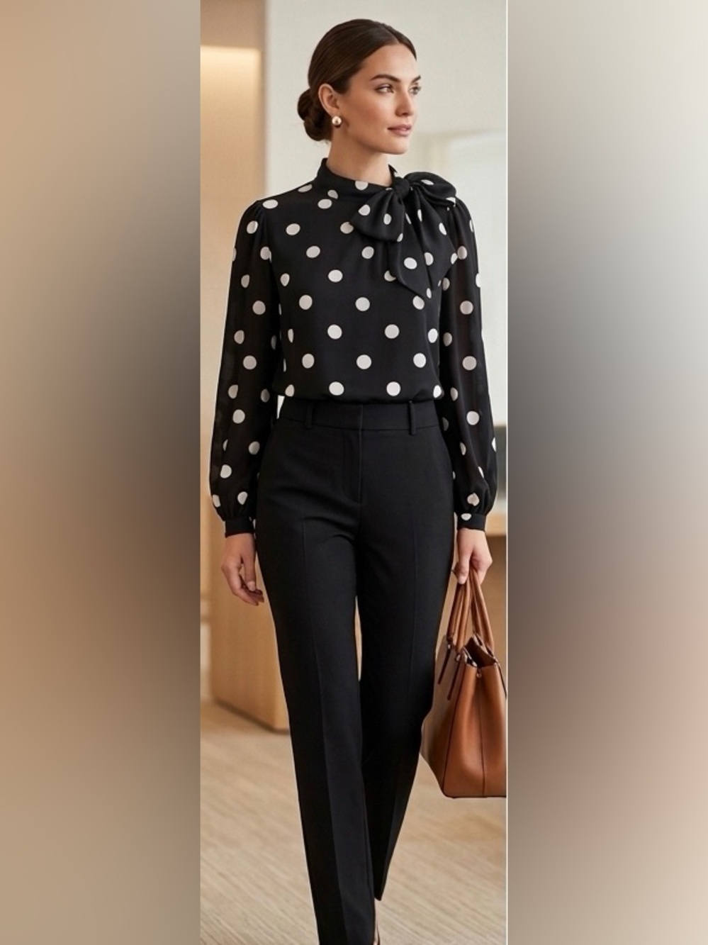 Women's Black Polka Dot Tie-Neck Blouse